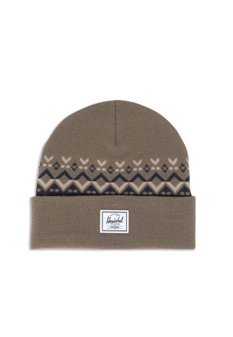 Berretto a maglia marrone con risvolto, caratterizzato da un motivo in beige e blu navy. Include un'etichetta bianca del marchio davanti.