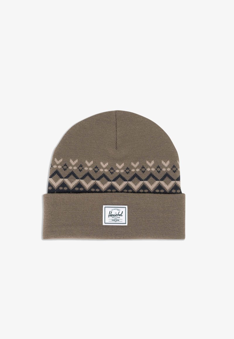 Knit beanie in brown with a folded cuff, featuring a patterned design in beige and navy. Includes a white brand label at the front.