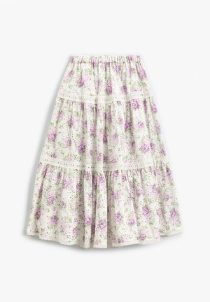 Blumenrock in Weiß mit lila Rosen und grünen Akzenten. Verfügt über gestufte Lagen und eine Spitzenkante entlang der Taille und Lagen. Elastischer Bund.