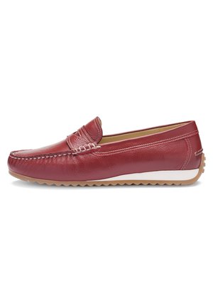 Red leather loafer with stitched detailing, white midsole, and tan rubber sole featuring a textured grip pattern.