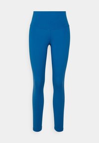 Blå leggings med hög midja, tillverkade av stretchigt tyg. Slät yta; inga synliga mönster eller accenter. Helt längddesign.