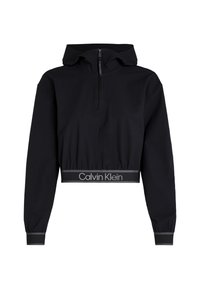 Czarna krótkia bluza z kapturem i ćwierć zamkiem, z elastycznymi mankietami i pasem. Posiada logo na dolnym brzegu oraz gładki, fakturowany materiał.