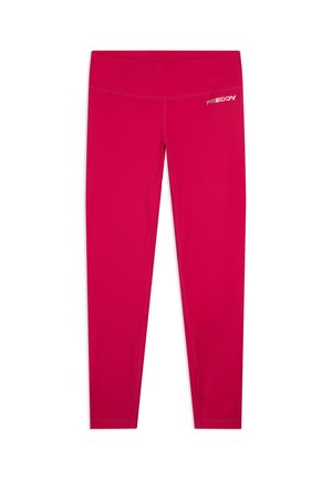 Leggings rosa brillante de longitud completa con una cinturilla ancha y el logo "FREDDY" en la parte superior del muslo izquierdo.