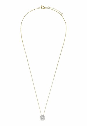 Delicate gouden ketting met een centraal rechthoekig diamant, omringd door kleinere diamanten, voorzien van een veerring sluiting.