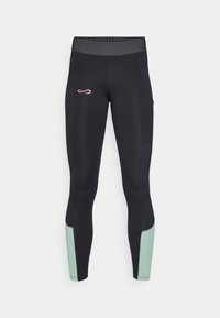 Black athletic leggings with a dotted black waistband, green accents on the lower sides, and a small pink logo on the thigh.