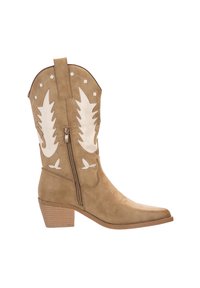 Botas de vaquero de ante marrón con acentos de cuero blanco, costuras decorativas, punta afilada y tacón cuadrado con cierre de cremallera lateral.