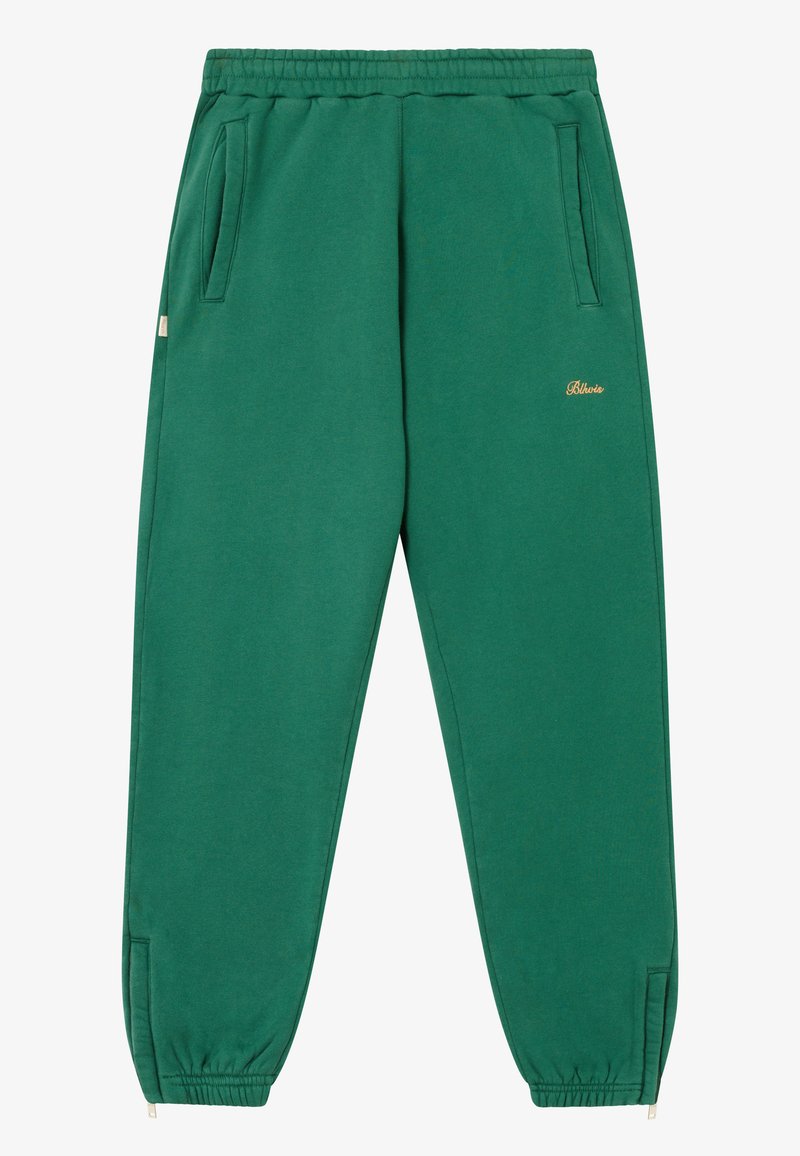 Jogging en coton vert avec taille élastique, poches latérales et détail de logo doré ; chevilles fuselées avec poignets élastiques.