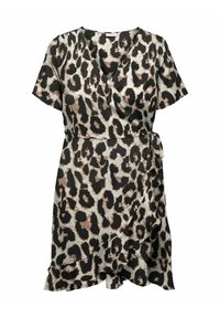 Leopardi-kuosiset kietaisumekot silkkisessä kankaassa, jossa lyhyet hihat, V-pääntie, solmittava vyötärö ja röyhelöhelma. Väreinä musta, beige ja ruskea.