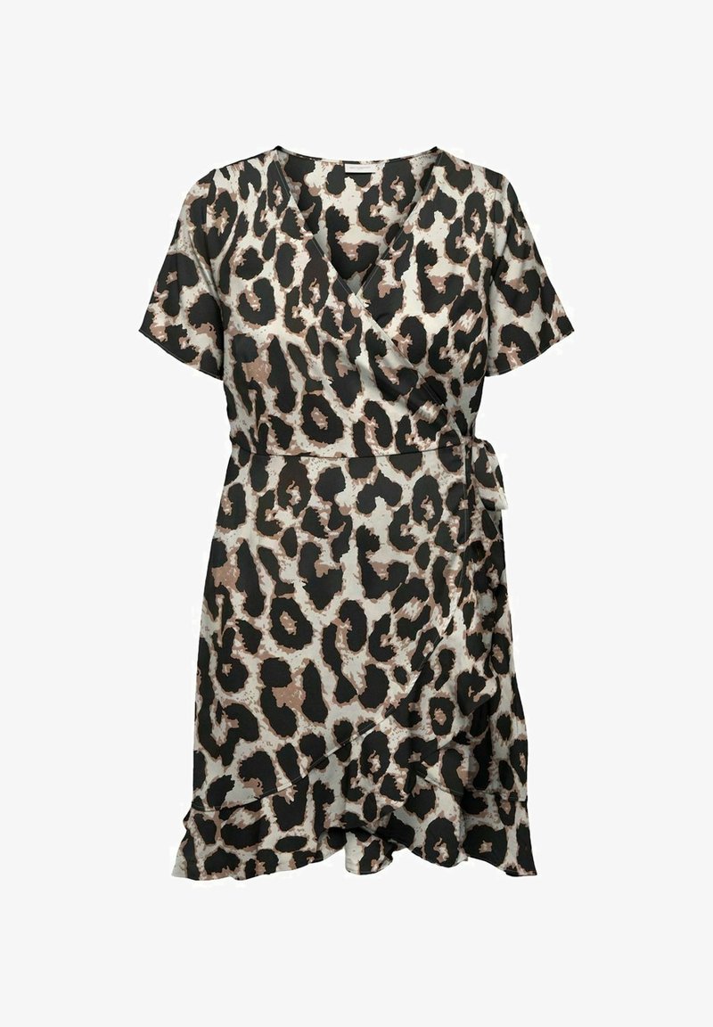 Leopardi-kuosiset kietaisumekot silkkisessä kankaassa, jossa lyhyet hihat, V-pääntie, solmittava vyötärö ja röyhelöhelma. Väreinä musta, beige ja ruskea.