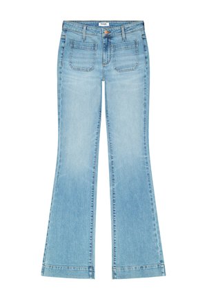 Jean en denim bleu clair à taille haute, avec poches avant, fermeture par boutons et jambes légèrement évasées.