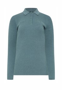 Ribbadsömmad tröja i mjuk teal, med polo-krage och fem knappar fram. Långa ärmar med subtila axeldetaljer.