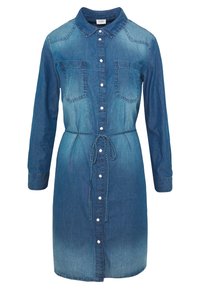 Sinita sininen denimi-paitamekko, jossa on kauluspaita, pitkät hihat, kaksi rintataskua, etupainike suljenta ja säädettävä vyötärönauha.