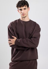 Brown crewneck sweatshirt made of cotton blend fabric, featuring a relaxed fit, ribbed cuffs, and a small logo patch on the chest.