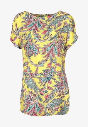 Kortärmad blus i klar gul väv med ett färgglatt paisleymönster som har intrikata blommönster och en elastisk midjedetalj.