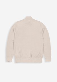 Hellbeige Strickpullover mit strukturiertem Finish, Kragen und gerippten Bündchen und Saum. Verfügt über einen lockeren Schnitt und ein klassisches Design.