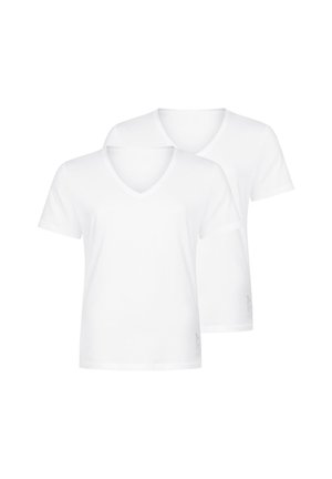 Zwei schlichte weiße Kurzarm-V-Ausschnitt-T-Shirts gestapelt, Vorderansicht mit sauberem, einfachem Design auf weißem Hintergrund.