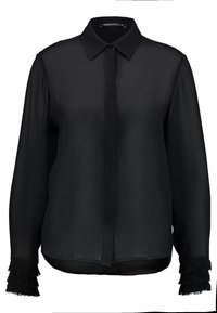 Svart långärmad skjorta med krage, knappslutning fram och texturerade fransdetaljer vid ärmsluten. Tillverkad av lättviktsmaterial.
