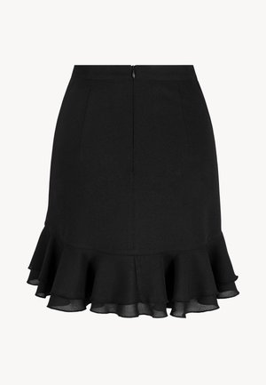 Zwarte, nauwsluitende rok met een uitlopende rucheszoom. Kenmerkt zich door een gladde stoftextuur en een discreet ritssluiting aan de achterkant.