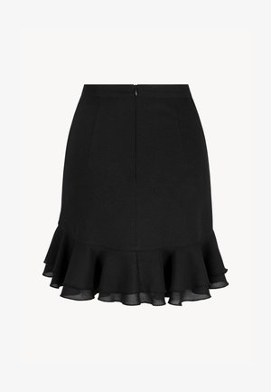 Zwarte, nauwsluitende rok met een uitlopende rucheszoom. Kenmerkt zich door een gladde stoftextuur en een discreet ritssluiting aan de achterkant.