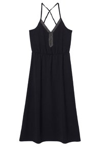 Robe noire sans manches avec un décolleté en V et des bretelles croisées, présentant un motif texturé sur le buste et une taille élastique pour un ajustement décontracté.