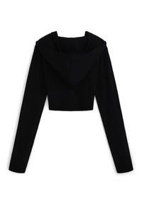 Hoodie nero cropped con maniche lunghe, un cappuccio strutturato e un tessuto pulito e testurizzato. Design minimalista senza hardware o accenti visibili.