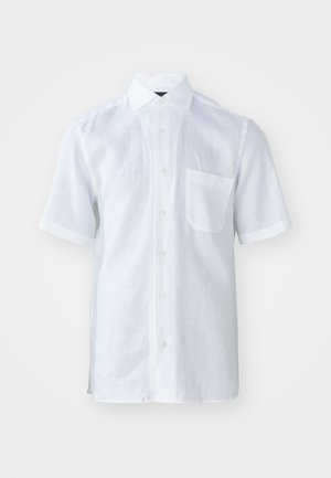 White short-sleeve shirt in lightweight linen fabric with a button-down collar, front pocket, and a slightly textured surface.