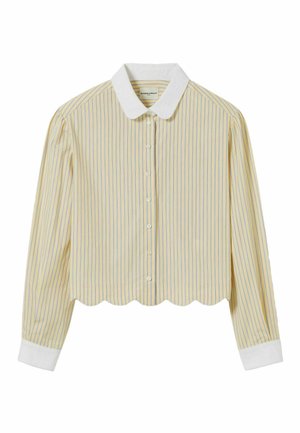 Chemise cropped en tissu léger, avec des rayures verticales jaunes et bleues, un ourlet festonné blanc et un col blanc avec des boutons.