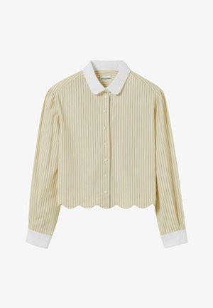 Maglietta corta realizzata in tessuto leggero, caratterizzata da righe verticali gialle e blu, un orlo scallop bianco e un colletto bianco con bottoni.