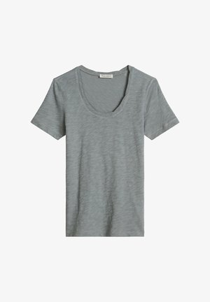 T-shirt en coton gris clair à manches courtes avec un col en arrondi et un motif de tissu subtilement texturé.
