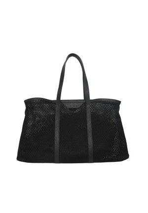 Grande borsa a rete nera con due lunghe maniglie in pelle e un bordo in pelle lungo il bordo superiore.