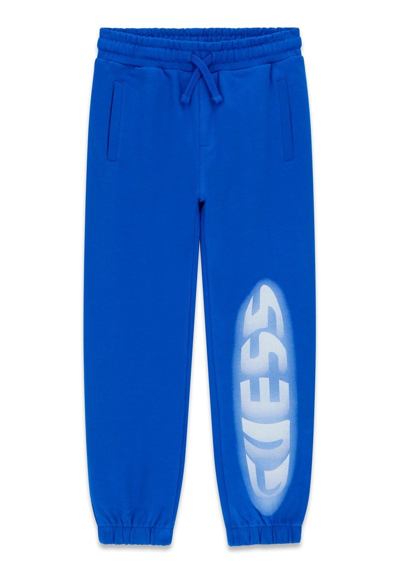 Blå sweatpants i mjukt tyg, med elastisk midja, två sidofickor och en stor vit logotyp på vänster ben.