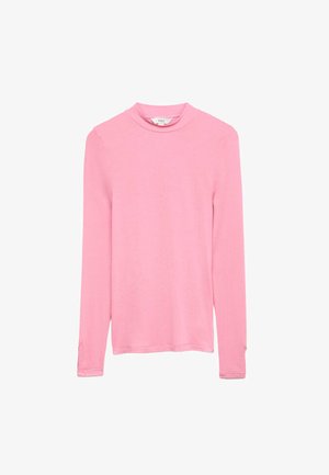 Długi rękaw w jasnoróżowym kolorze, wykonany z miękkiego materiału z półgolfem i subtelnymi zdobieniami na mankietach. Gładka tekstura, dopasowany krój.