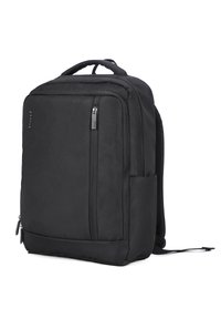 Sac à dos noir avec une texture de tissu lisse, deux grands compartiments zippés et une poche latérale. Panneau dorsal rembourré et bretelles réglables.