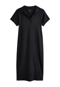 Black polo dress made of ribbed fabric, featuring a collar, short sleeves, and a relaxed fit. Hemline reaches just above the knee.