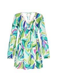 Rochie cu mânecă lungă dintr-un material ușor, având un model colorat de frunze în nuanțe de verde, albastru și violet, cu decolteu în V și bandă de legat la spate.