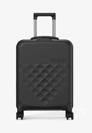 Valise rigide noire avec un motif en diamant texturé, poignée télescopique et quatre roues pour la mobilité. Le logo "Rollink" est visible.