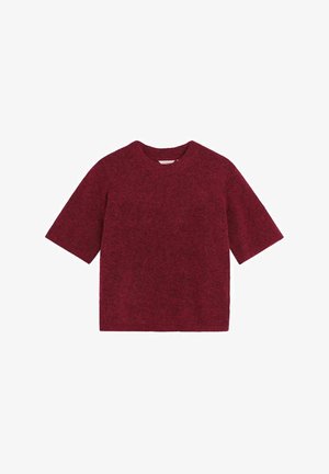 Burgundy kortärmad tröja, tillverkad av texturerat material, med rund halsringning och en avslappnad passform.