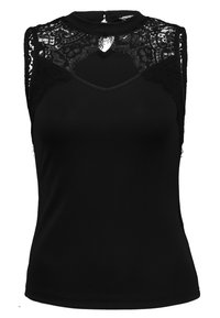 Haut noir sans manches avec des accents en dentelle sur les épaules et un col montant, doté d'une silhouette ajustée et d'une texture douce.