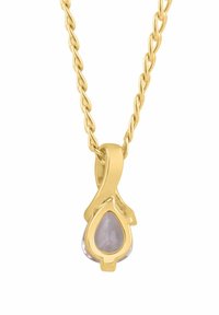 Zawieszka w złotym odcieniu z skręconym łańcuszkiem, ozdobiona łezkowatym, fasetowanym kamieniem w jasnofioletowym kolorze, osadzonym w dekoracyjnej zawieszce.