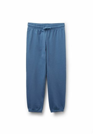 Pantalon de jogging bleu à taille élastique avec poignets aux chevilles et cordon de serrage à l'avant, présenté à plat sur fond blanc.