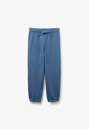 Pantalon de jogging bleu à taille élastique avec poignets aux chevilles et cordon de serrage à l'avant, présenté à plat sur fond blanc.