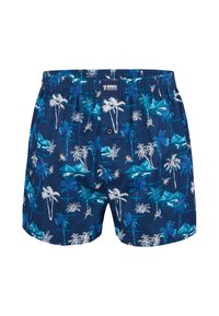 Pantaloni da bagno da uomo blu navy con stampa di palme tropicali e montagne, vita elastica e chiusura frontale con bottone.
