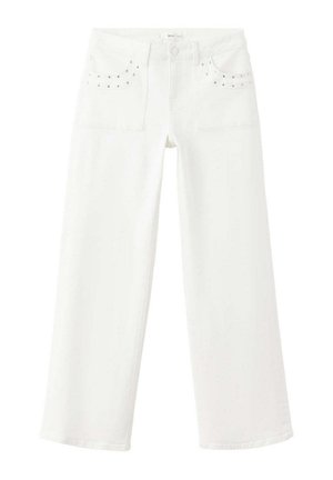 Pantalon blanc à jambes larges avec poches avant décorées de petits clous en métal et fermeture par bouton à la taille.