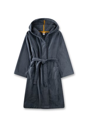 Dunkelgrauer Kapuzenbademantel mit Gürtel und zwei vorderen Taschen, flach auf weißem Hintergrund ausgelegt.