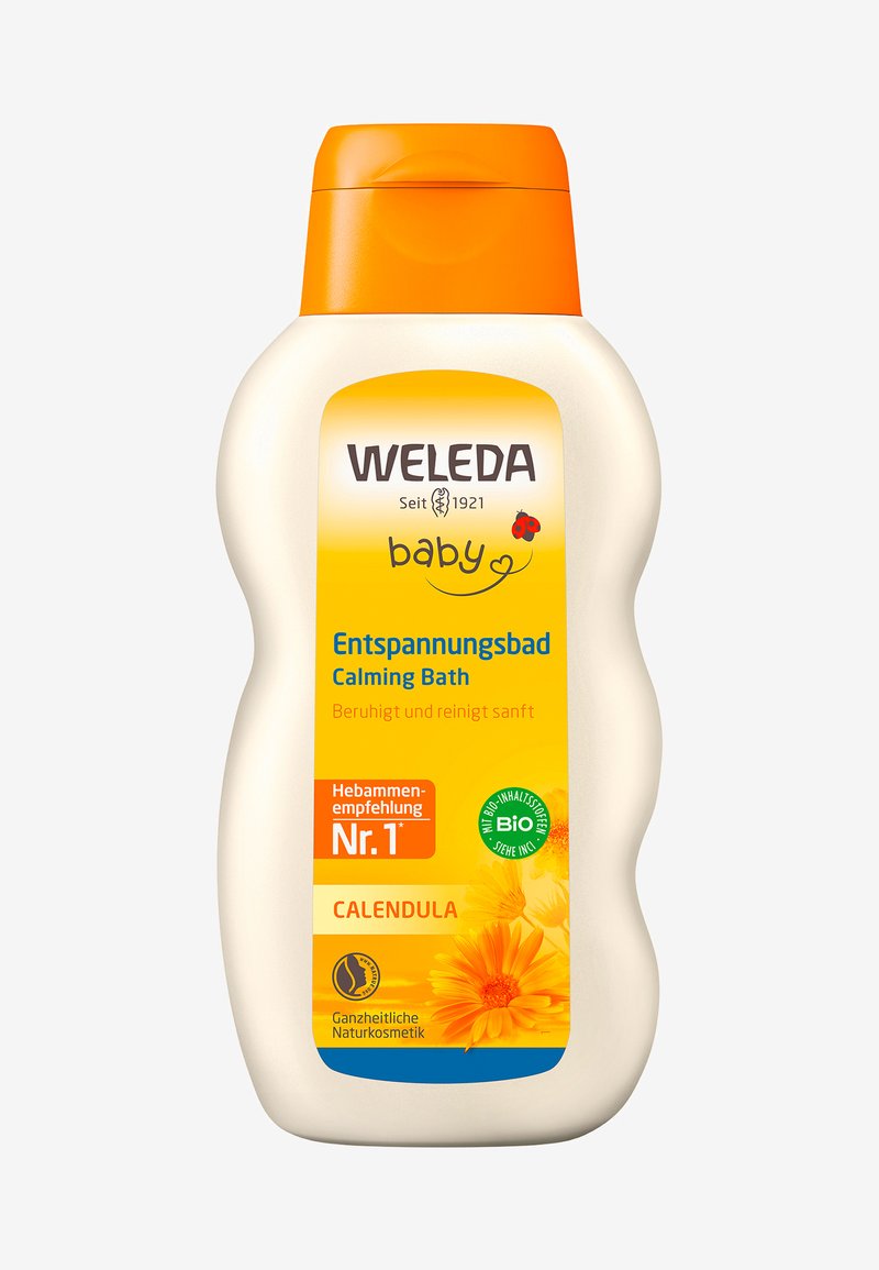 Bottiglia Weleda Baby Calming Bath, bianca con un tappo arancione. Presenta un'etichetta gialla con grafiche di fiori, testo in tedesco e logo di certificazione biologica.