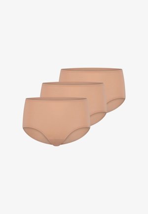 Trois paires de sous-vêtements beiges taille haute et sans couture, fabriqués à partir d'un matériau doux, avec une texture lisse et extensible, sans logo visible.