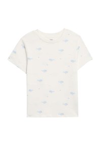 Maglietta in cotone bianco a maniche corte con un motivo ripetuto di balene azzurro chiaro e piccoli accenti colorati. Collo rotondo.