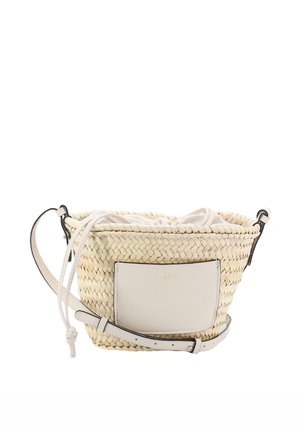 Geflochtene Strohtasche zum Umhängen mit Tunnelzug oben, vordere Lederaußentasche und verstellbarem Lederriemen in natürlichen und weißen Farbtönen.