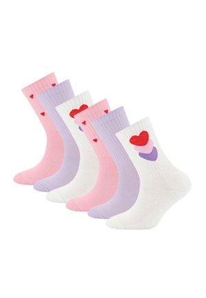 Six pairs of crew socks in pink, purple, and white with red and pink heart patterns on a white background.