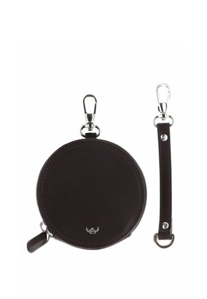 Round dark brown leather coin pouch with zipper and metal clip, paired with detachable leather strap with metal clips on both ends.